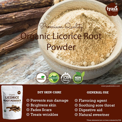 Iyasa Holistics Bio Süßholzwurzelpulver 113 g - USDA Bio Glycyrrhiza Glabra & Mulethi - Verdauungs- & Nebennierenunterstützung, natürlicher Süßstoff - Reine Ayurveda-Produkte