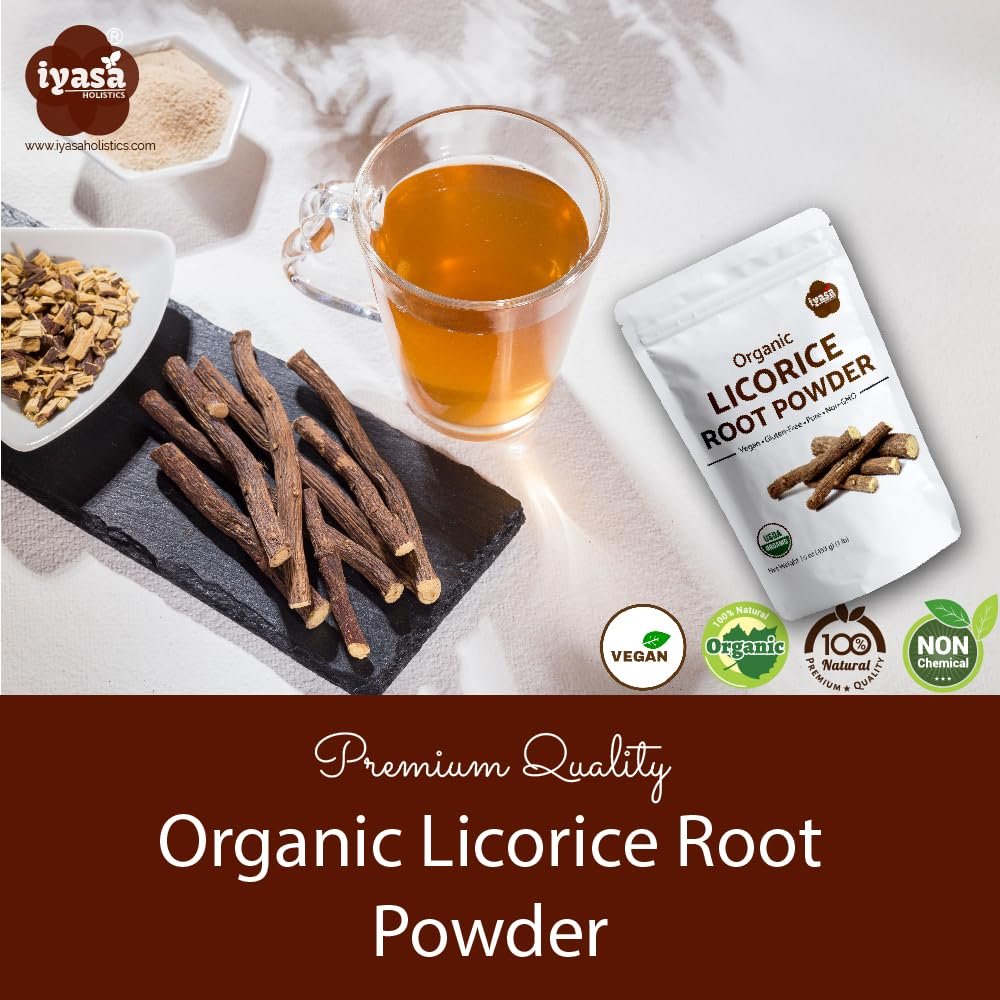 Iyasa Holistics Bio Süßholzwurzelpulver 113 g - USDA Bio Glycyrrhiza Glabra & Mulethi - Verdauungs- & Nebennierenunterstützung, natürlicher Süßstoff - Reine Ayurveda-Produkte