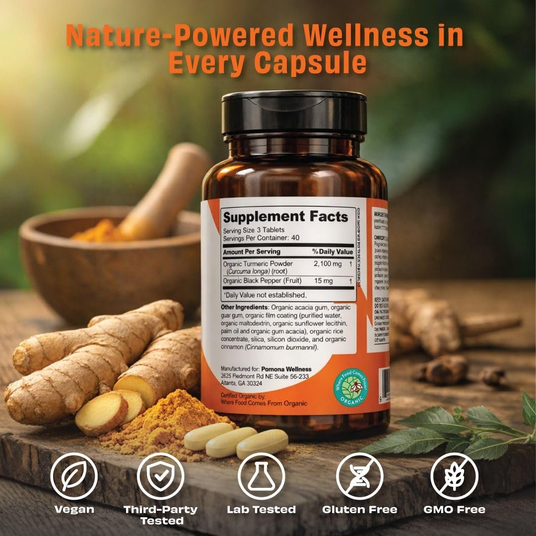 Pomona Wellness Bio Kurkuma Kapseln 2100 mg, USDA Organic, Nicht-GVO, Vegan, Kurkuma Curcumin mit Schwarzem Pfeffer für bessere Absorption, für Gelenkunterstützung und Immunsystem, 120 Tabletten