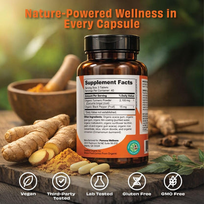 Pomona Wellness Bio Kurkuma Kapseln 2100 mg, USDA Organic, Nicht-GVO, Vegan, Kurkuma Curcumin mit Schwarzem Pfeffer für bessere Absorption, für Gelenkunterstützung und Immunsystem, 120 Tabletten