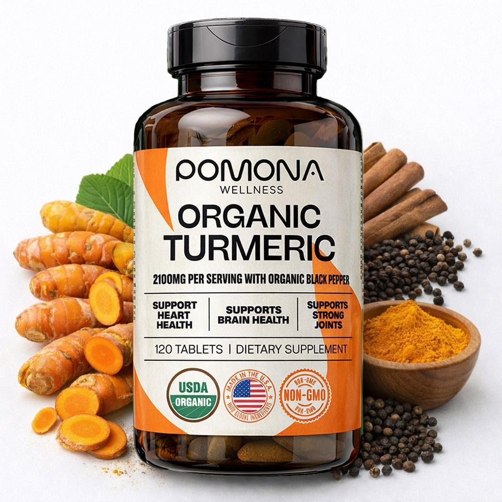 Pomona Wellness Bio Kurkuma Kapseln 2100 mg, USDA Organic, Nicht-GVO, Vegan, Kurkuma Curcumin mit Schwarzem Pfeffer für bessere Absorption, für Gelenkunterstützung und Immunsystem, 120 Tabletten