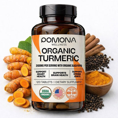 Pomona Wellness Bio Kurkuma Kapseln 2100 mg, USDA Organic, Nicht-GVO, Vegan, Kurkuma Curcumin mit Schwarzem Pfeffer für bessere Absorption, für Gelenkunterstützung und Immunsystem, 120 Tabletten