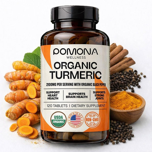 Pomona Wellness Bio Kurkuma Kapseln 2100 mg, USDA Organic, Nicht-GVO, Vegan, Kurkuma Curcumin mit Schwarzem Pfeffer für bessere Absorption, für Gelenkunterstützung und Immunsystem, 120 Tabletten