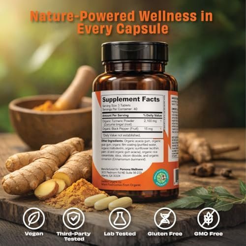 Pomona Wellness Bio Kurkuma Kapseln 2100 mg, USDA Organic, Nicht-GVO, Vegan, Kurkuma Curcumin mit Schwarzem Pfeffer für bessere Absorption, für Gelenkunterstützung und Immunsystem, 120 Tabletten