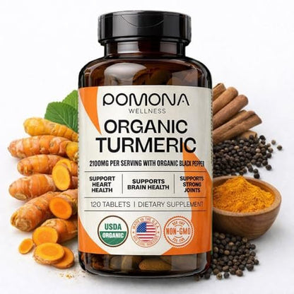 Pomona Wellness Bio Kurkuma Kapseln 2100 mg, USDA Organic, Nicht-GVO, Vegan, Kurkuma Curcumin mit Schwarzem Pfeffer für bessere Absorption, für Gelenkunterstützung und Immunsystem, 120 Tabletten