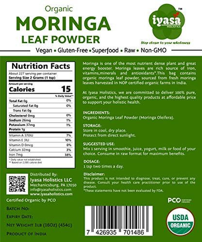 Iyasa Holistics Bio Moringa Blattpulver 113 g - USDA Bio-zertifiziertes reines Moringa Oleifera Superfood Pulver - Grüner Smoothie, Tee, Energie-Booster - Reine Ayurveda Produkte