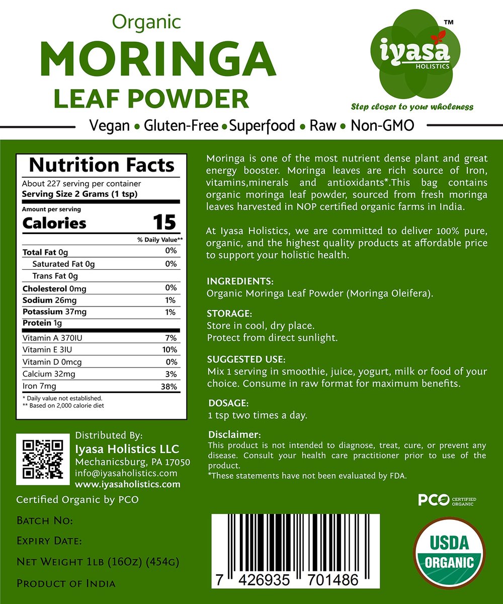 Iyasa Holistics Bio Moringa Blattpulver 113 g - USDA Bio-zertifiziertes reines Moringa Oleifera Superfood Pulver - Grüner Smoothie, Tee, Energie-Booster - Reine Ayurveda Produkte