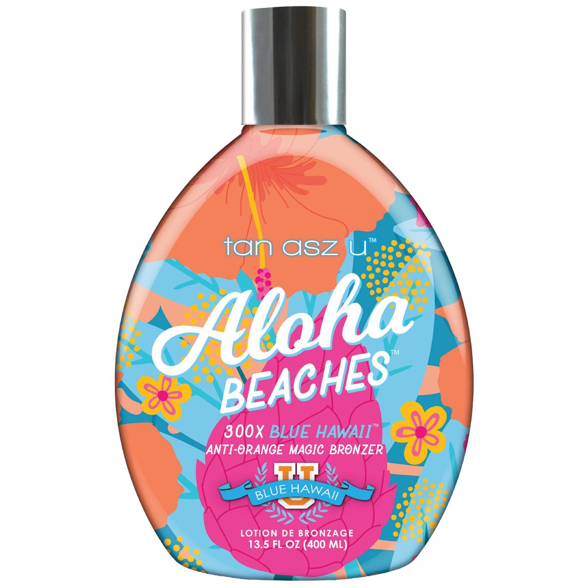 Tan Asz U Aloha Beaches Bräunungslotion 300X Blue Hawaii Anti-Orange Bronzer, farbkorrigierende blaue Bronzer-Mischung mit Peptidkomplex, 400 ml