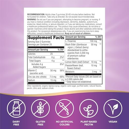 Nature's Way Sambucus Sleep + Immune Gummibärchen für Erwachsene – mit Melatonin, Vitamin C, L-Theanin, Zink – 50 Stück
