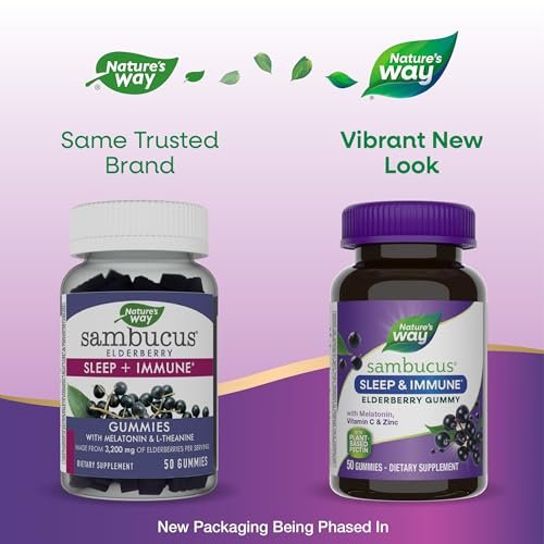 Nature's Way Sambucus Sleep + Immune Gummibärchen für Erwachsene – mit Melatonin, Vitamin C, L-Theanin, Zink – 50 Stück