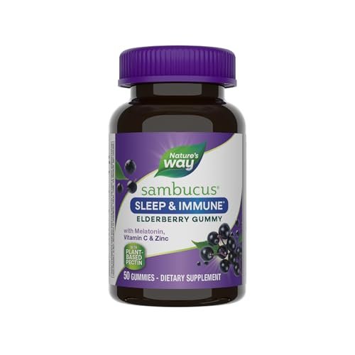 Nature's Way Sambucus Sleep + Immune Gummibärchen für Erwachsene – mit Melatonin, Vitamin C, L-Theanin, Zink – 50 Stück