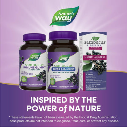 Nature's Way Sambucus Sleep + Immune Gummibärchen für Erwachsene – mit Melatonin, Vitamin C, L-Theanin, Zink – 50 Stück