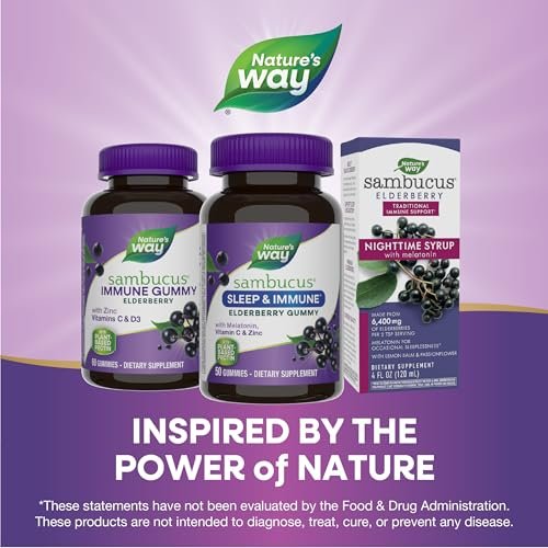 Nature's Way Sambucus Sleep + Immune Gummibärchen für Erwachsene – mit Melatonin, Vitamin C, L-Theanin, Zink – 50 Stück