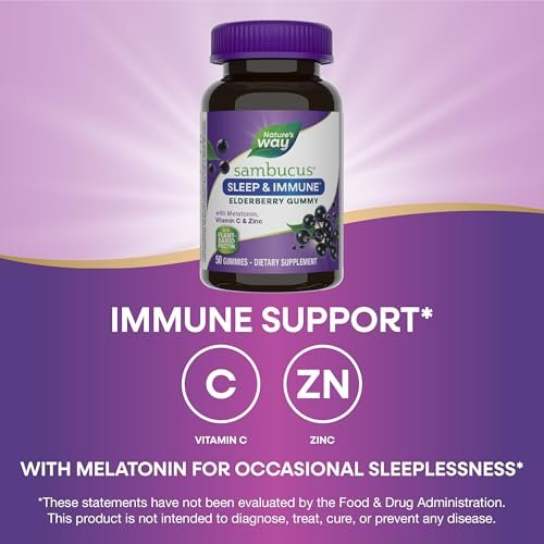 Nature's Way Sambucus Sleep + Immune Gummibärchen für Erwachsene – mit Melatonin, Vitamin C, L-Theanin, Zink – 50 Stück