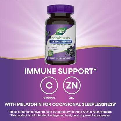Nature's Way Sambucus Sleep + Immune Gummibärchen für Erwachsene – mit Melatonin, Vitamin C, L-Theanin, Zink – 50 Stück