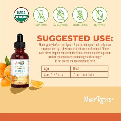 MARYRUTH'S Bio Vitamin C Tropfen für Kleinkinder | 1-3 Jahre | 15 mg pro Portion | Immununterstützung & allgemeine Gesundheit | Vegan | Zuckerfrei | Glutenfrei | Non-GMO | 30 Portionen