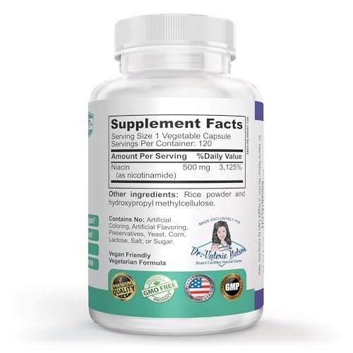 Dr. Valerie Nelson Nicotinamid 500 mg - Vitamin B3 – Energie, Zell- & Hautgesundheit. Preiswert - Flush-frei - 120 vegane Kapseln