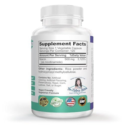 Dr. Valerie Nelson Nicotinamid 500 mg - Vitamin B3 – Energie, Zell- & Hautgesundheit. Preiswert - Flush-frei - 120 vegane Kapseln