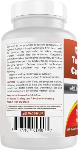 Best Naturals Kurkuma Curcumin 1500 mg/Portion mit Bioperin – 180 vegane Kapseln