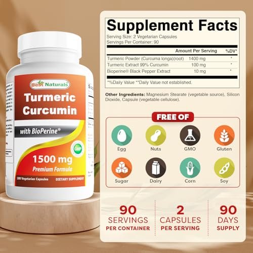 Best Naturals Kurkuma Curcumin 1500 mg/Portion mit Bioperin – 180 vegane Kapseln