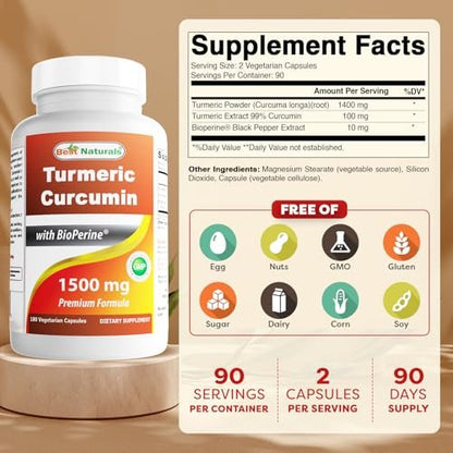 Best Naturals Kurkuma Curcumin 1500 mg/Portion mit Bioperin – 180 vegane Kapseln