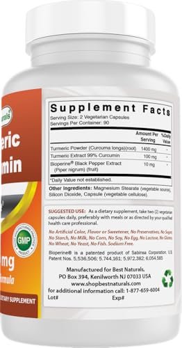 Best Naturals Kurkuma Curcumin 1500 mg/Portion mit Bioperin – 180 vegane Kapseln