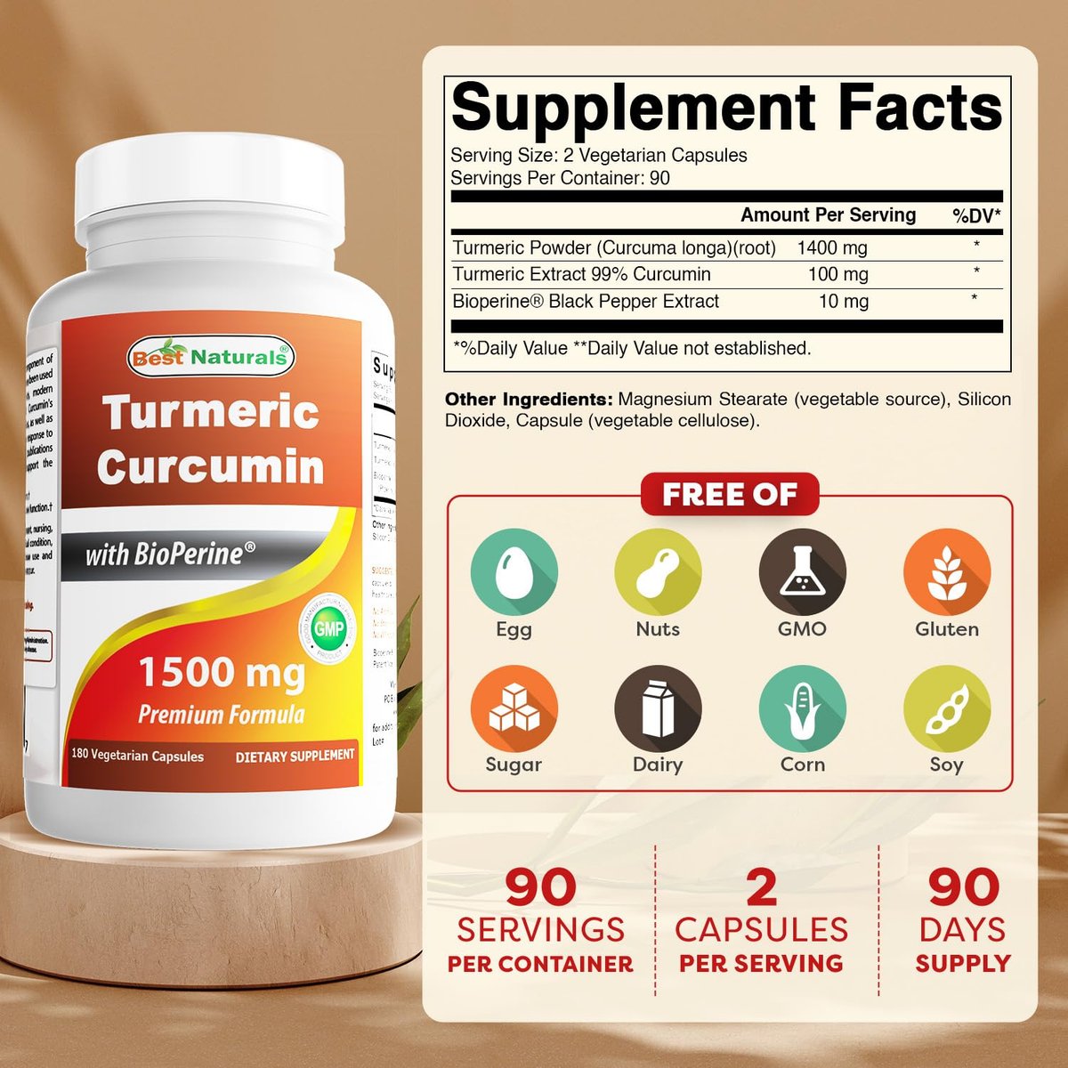 Best Naturals Kurkuma Curcumin 1500 mg/Portion mit Bioperin – 180 vegane Kapseln