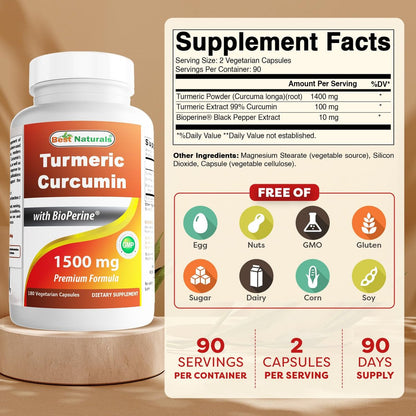Best Naturals Kurkuma Curcumin 1500 mg/Portion mit Bioperin – 180 vegane Kapseln