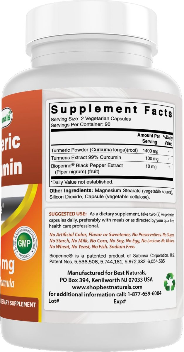 Best Naturals Kurkuma Curcumin 1500 mg/Portion mit Bioperin – 180 vegane Kapseln