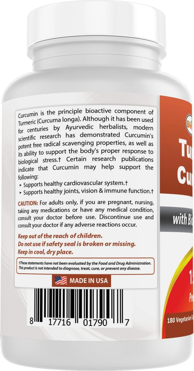 Best Naturals Kurkuma Curcumin 1500 mg/Portion mit Bioperin – 180 vegane Kapseln