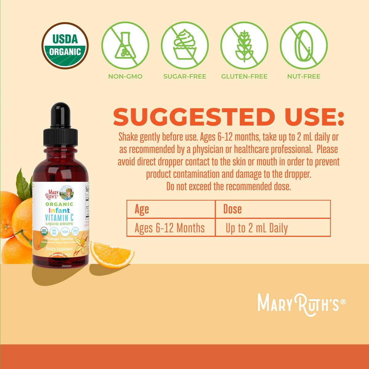 MARYRUTH'S Vitamin-C-Tropfen für Säuglinge & Babys | USDA Bio flüssiges Vitamin C für Babys ab 6 Monaten | Immununterstützung | Vegan & ohne Gentechnik | 60 ml