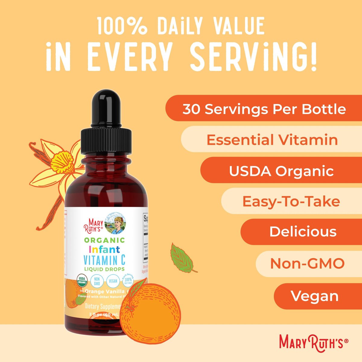 MARYRUTH'S Vitamin-C-Tropfen für Säuglinge & Babys | USDA Bio flüssiges Vitamin C für Babys ab 6 Monaten | Immununterstützung | Vegan & ohne Gentechnik | 60 ml