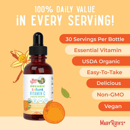 MARYRUTH'S Vitamin-C-Tropfen für Säuglinge & Babys | USDA Bio flüssiges Vitamin C für Babys ab 6 Monaten | Immununterstützung | Vegan & ohne Gentechnik | 60 ml