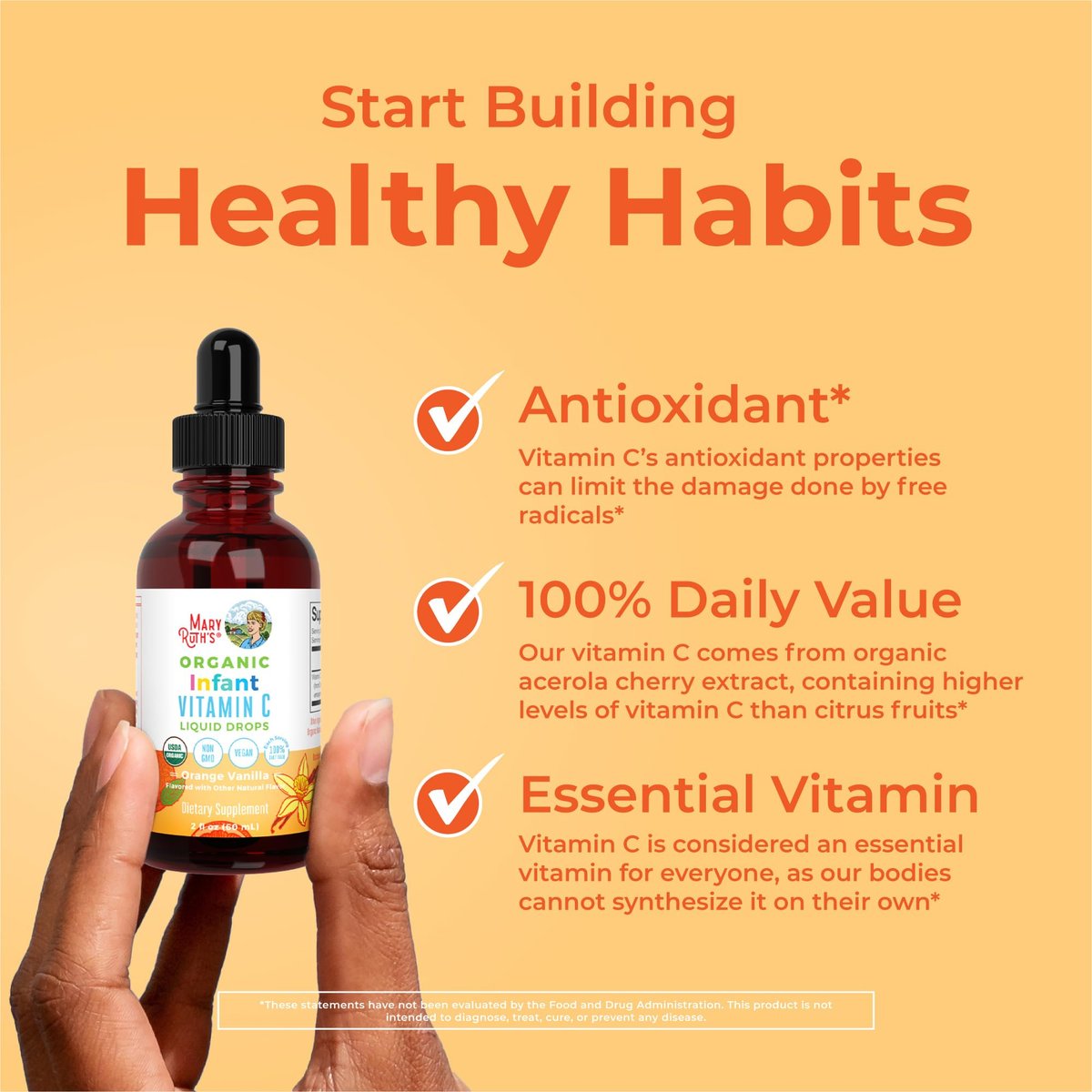 MARYRUTH'S Vitamin-C-Tropfen für Säuglinge & Babys | USDA Bio flüssiges Vitamin C für Babys ab 6 Monaten | Immununterstützung | Vegan & ohne Gentechnik | 60 ml