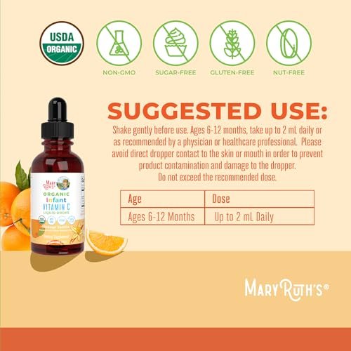 MARYRUTH'S Vitamin-C-Tropfen für Säuglinge & Babys | USDA Bio flüssiges Vitamin C für Babys ab 6 Monaten | Immununterstützung | Vegan & ohne Gentechnik | 60 ml