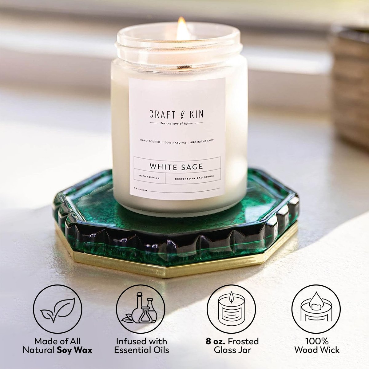 Craft & Kin Weißer Salbei Duftkerze zur Reinigung | 8 Oz 45 Stunden langanhaltende Feiertagskerze | Klassische Soja Woodwick Winterkerze | Hergestellt mit natürlichem Soja | Geschenk für Männer und Frauen