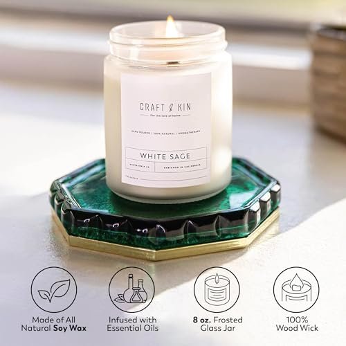 Craft & Kin Weißer Salbei Duftkerze zur Reinigung | 8 Oz 45 Stunden langanhaltende Feiertagskerze | Klassische Soja Woodwick Winterkerze | Hergestellt mit natürlichem Soja | Geschenk für Männer und Frauen