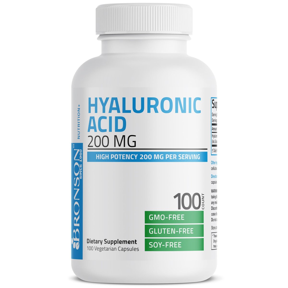 Bronson Hyaluronsäure 200 mg – Hochdosiert für Gelenke & Haut, Non-GMO, 100 vegane Kapseln