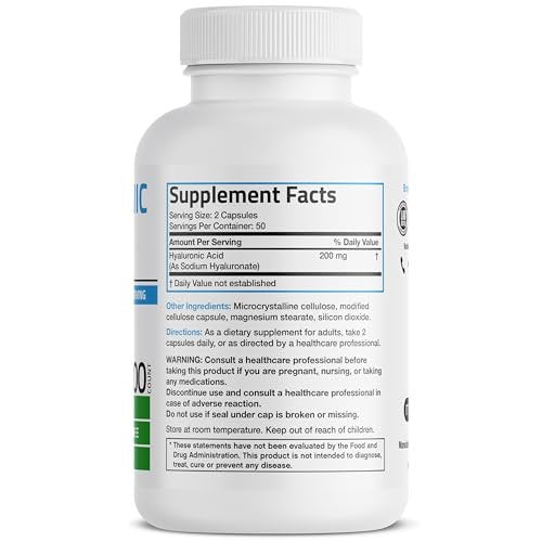 Bronson Hyaluronsäure 200 mg – Hochdosiert für Gelenke & Haut, Non-GMO, 100 vegane Kapseln