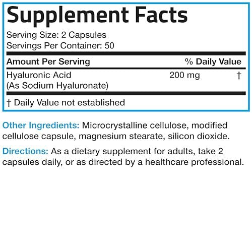 Bronson Hyaluronsäure 200 mg – Hochdosiert für Gelenke & Haut, Non-GMO, 100 vegane Kapseln