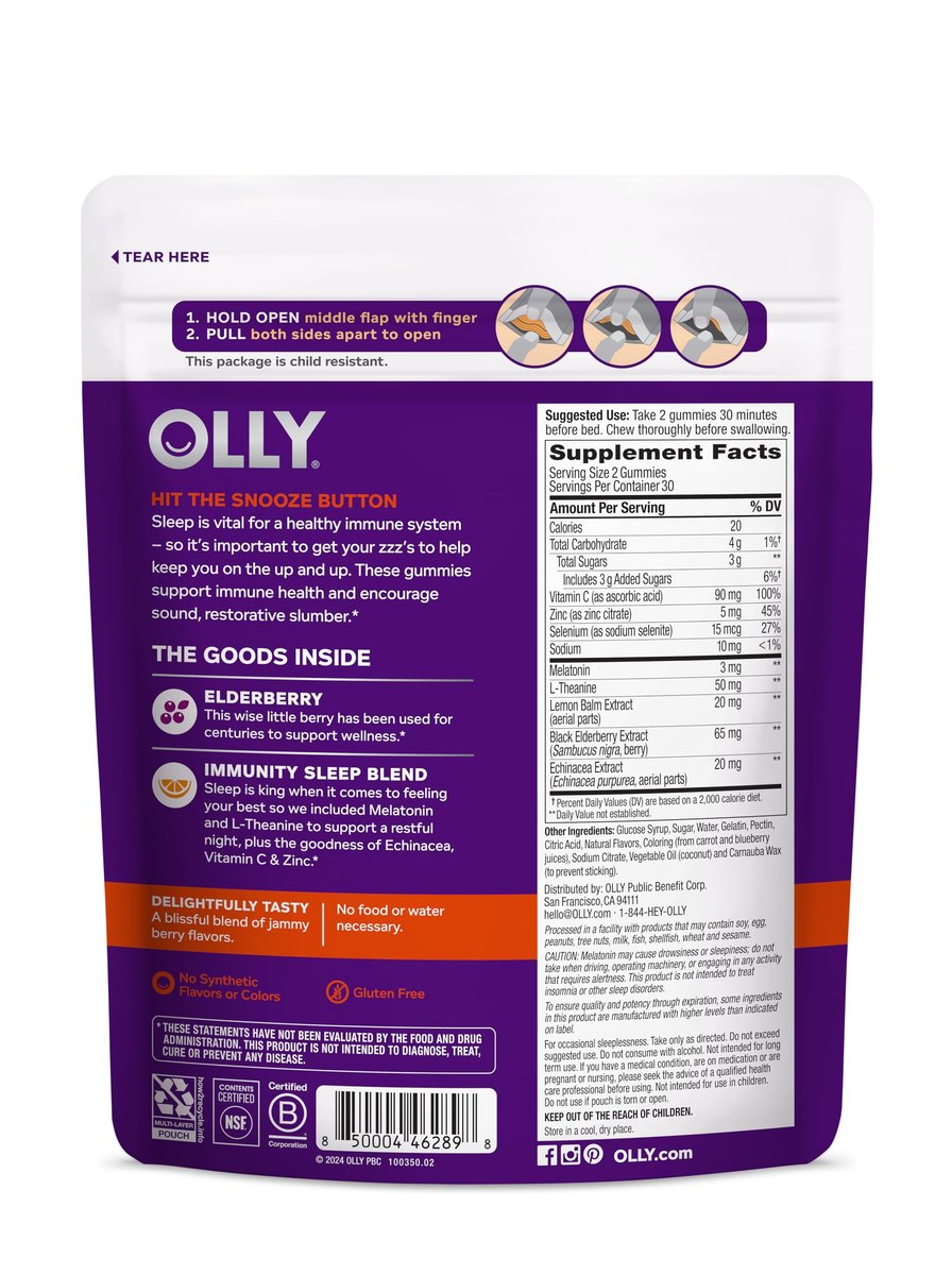 OLLY Immunity Sleep Gummy – Unterstützung für Immunsystem und Schlaf mit Melatonin, Echinacea, Zink, Vitamin C, 60 Stück