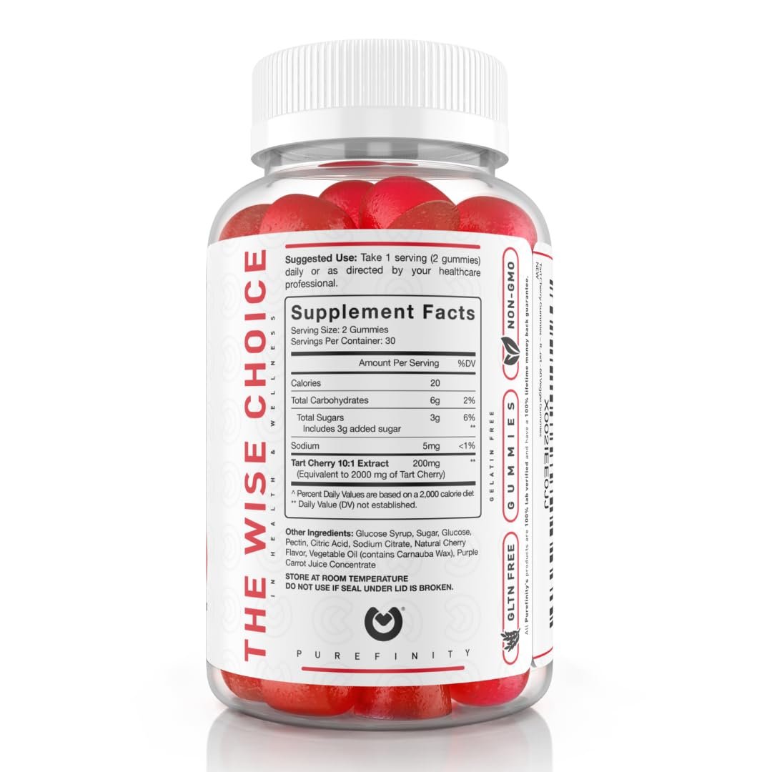 PUREFINITY Sauerkirsch-Gummibärchen – Harnsäure-Spülung für Gelenkentlastung und Regeneration, roher Saftextrakt-Antioxidans – Nicht-GVO, glutenfrei, vegan, 60 Gummibärchen