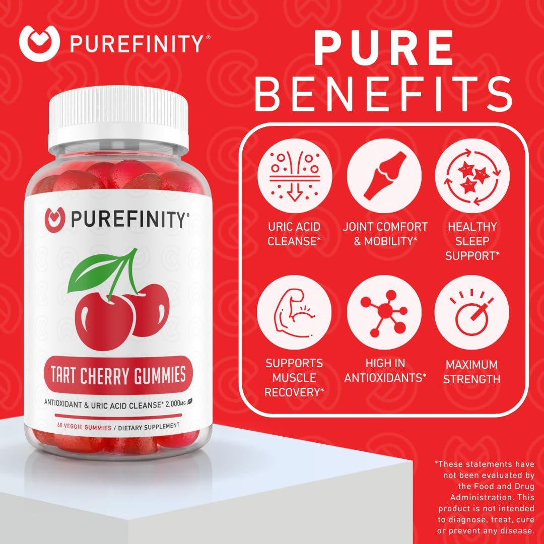 PUREFINITY Sauerkirsch-Gummibärchen – Harnsäure-Spülung für Gelenkentlastung und Regeneration, roher Saftextrakt-Antioxidans – Nicht-GVO, glutenfrei, vegan, 60 Gummibärchen