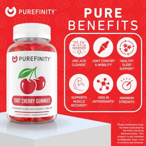 PUREFINITY Sauerkirsch-Gummibärchen – Harnsäure-Spülung für Gelenkentlastung und Regeneration, roher Saftextrakt-Antioxidans – Nicht-GVO, glutenfrei, vegan, 60 Gummibärchen