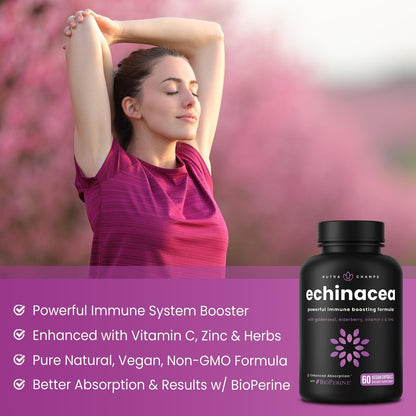 NutraChamps Echinacea Kapseln 1000mg – 8-in-1 Immunsystem Unterstützung – mit Goldenseal, Vitamin C, Zink, Ingwer, Holunder – 60 Kapseln