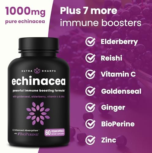 NutraChamps Echinacea Kapseln 1000mg – 8-in-1 Immunsystem Unterstützung – mit Goldenseal, Vitamin C, Zink, Ingwer, Holunder – 60 Kapseln