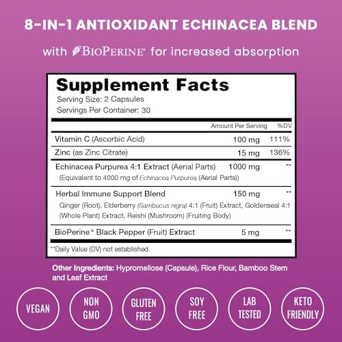 NutraChamps Echinacea Kapseln 1000mg – 8-in-1 Immunsystem Unterstützung – mit Goldenseal, Vitamin C, Zink, Ingwer, Holunder – 60 Kapseln