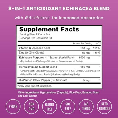 NutraChamps Echinacea Kapseln 1000mg – 8-in-1 Immunsystem Unterstützung – mit Goldenseal, Vitamin C, Zink, Ingwer, Holunder – 60 Kapseln
