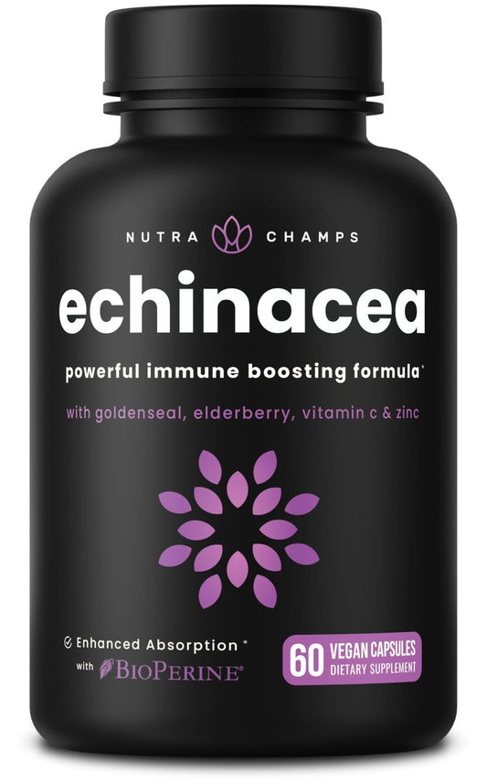NutraChamps Echinacea Kapseln 1000mg – 8-in-1 Immunsystem Unterstützung – mit Goldenseal, Vitamin C, Zink, Ingwer, Holunder – 60 Kapseln