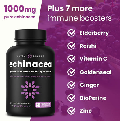 NutraChamps Echinacea Kapseln 1000mg – 8-in-1 Immunsystem Unterstützung – mit Goldenseal, Vitamin C, Zink, Ingwer, Holunder – 60 Kapseln